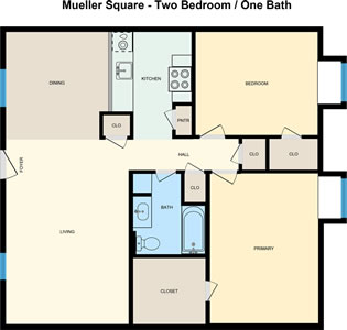 Mueller Square two bedroom one bath floor plan